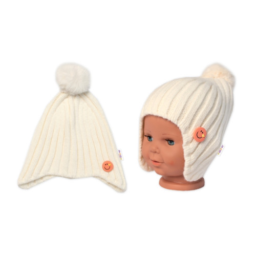 Detská zimná čiapka s brmbolcom Smile, Baby Nellys - smotanová, veľ. 48-54 cm