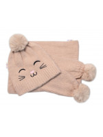 Zimná čiapka s brmbolcom + šál, Kitty, Baby Nellys - cappuccino, veľ. 54/58