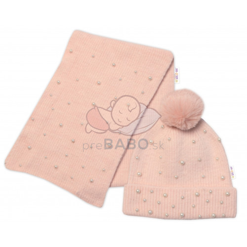 Zimná čiapka s brmbolcom + šál, Pearls, Baby Nellys - púdrovo ružová, veľ. 54/58