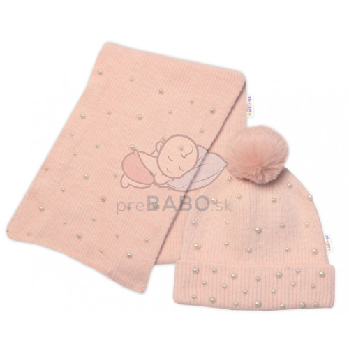 Zimná čiapka s brmbolcom + šál, Pearls, Baby Nellys - púdrovo ružová, veľ. 54/58