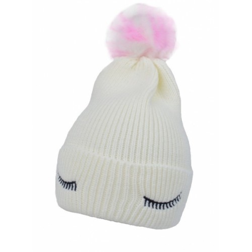 Detská zimná čiapka s brmbolcom Eyes, Baby Nellys - biela, veľ. 46-50 cm