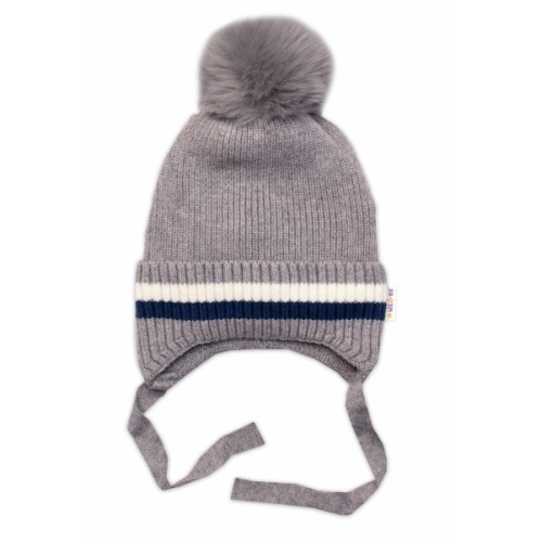 Dvojvrstvová zimná čiapka s brmbolcom na zaväzovanie, Baby Nellys - šedá, veľ. 42-44 cm