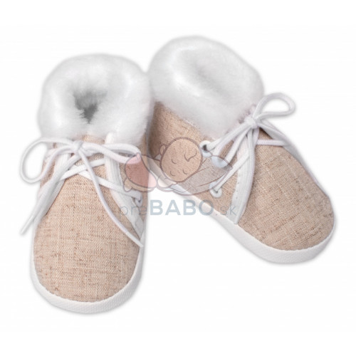 Dojčenské capáčky/topánočky na šnurovanie s kožúškom, Baby Nellys, béžové, vel. 68/74