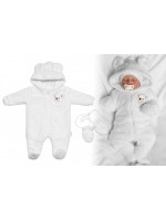 Chlpáčkový overal Luna s kapucňou + rukavičky, Baby Nellys, Medvedík, biely, veľ. 74/80