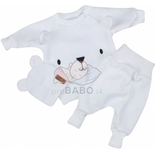 Pletená dojčenská sada 3D Medvedík, svetrík, tepláčiky + čiapočka Kazum, biela