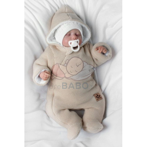 Zimná pletená kombinéza/overálok s kapucňou Baby Nellys - capuccino, veľ. 62