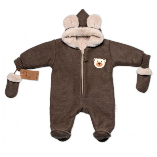 Oteplená pletená kombinéza s rukavičkami Teddy Bear, Baby Nellys, hnedá, veĺ. 68