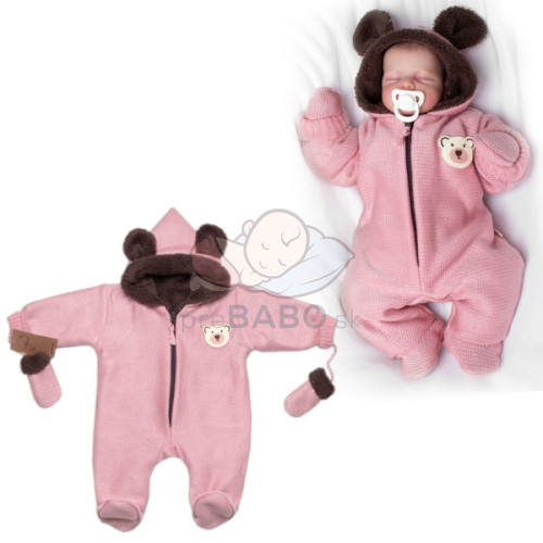 Oteplená pletená kombinéza s rukavičkami Teddy Bear, Baby Nellys, ružová, veľ. 62