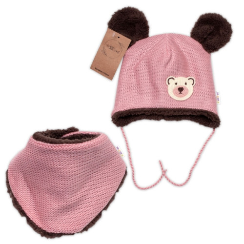 Pletená zimná čiapka s kožúškom a šatkou Teddy Bear, Baby Nellys, ružová, veľ. 68/74