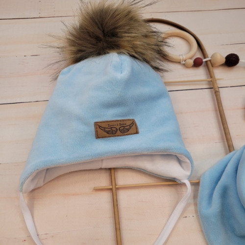 Zimná dvojvrstvová čiapka na zaväzovanie s brmbolcom z kožušinky + šatka Z&Z, modrá