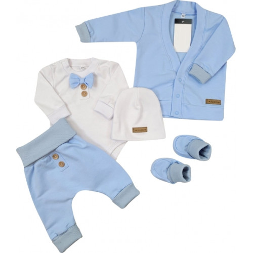 Bavlnená sada, body, nohavice, motýlik a čiapka Elegant Boy 5D, Kazum, modrá/biela, veľ.74