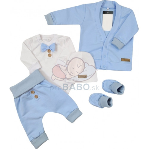 Bavlnená sada, body, nohavice, motýlik a čiapka Elegant Boy 5D, Kazum, modrá/biela, veľ.80