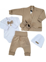 Bavlnená sada, body, nohavice, motýlik a čiapka Elegant Boy 5D, Kazum, mocca/biela, veľ.74
