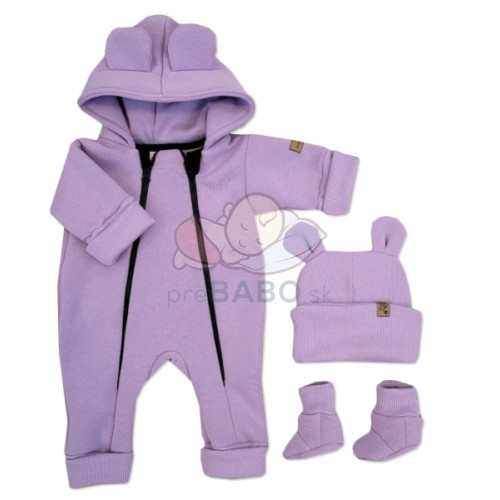 Oteplený detský overal bez šľapiek s kapucňou, čiapočka + topánočky, 3D, Kazum, lila