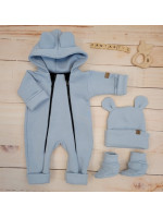 Oteplený detský overal bez šľapiek s kapucňou, čiapočka+topánočky, 3D,Kazum, modrý, veľ.62