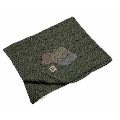 Bambusová detská pletená deka, vzor pletený vrkoč, 80 x100 cm, khaki