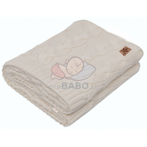Bambusová detská pletená deka, vzor pletený vrkoč, 80 x100 cm, smotanová