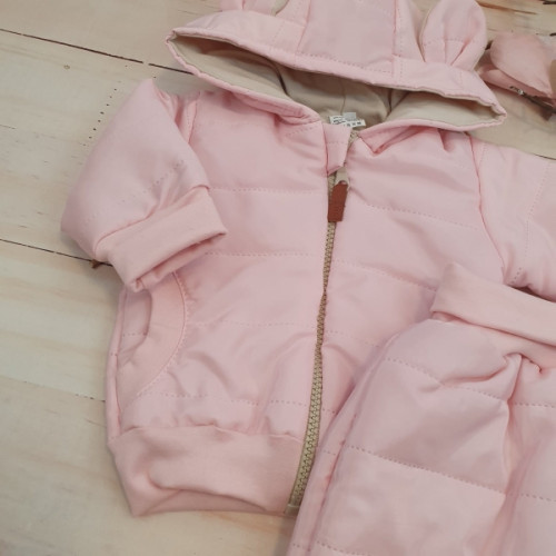 Štýlová prešívaná bunda s kapucňou + nohavice - ružová, veľ. 68/74