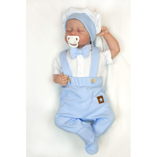 Súprava Gentleman 3D, body kr. rukáv, polodupačky s lacnom + čiapočka,modrá/biela, 68