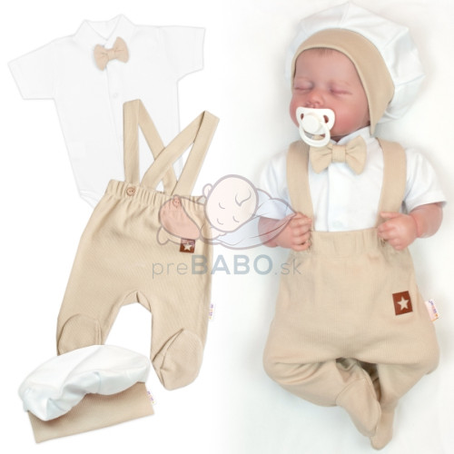 Bavlnená súprava Gentleman 3D, body kr. rukáv, polodupačky s lacnom, čiapočka,béžová/biela