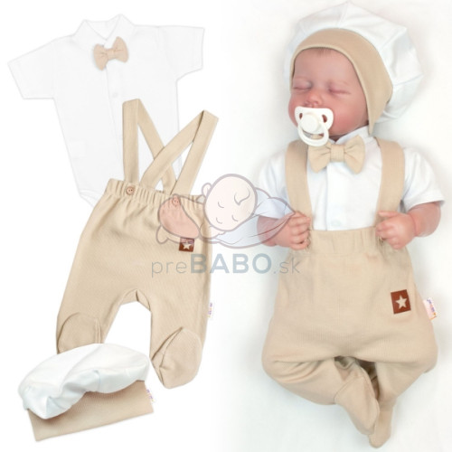 Bavlnená súprava Gentleman 3D, body kr. rukáv, polodupačky s lacnom, čiapočka,béžová/biela