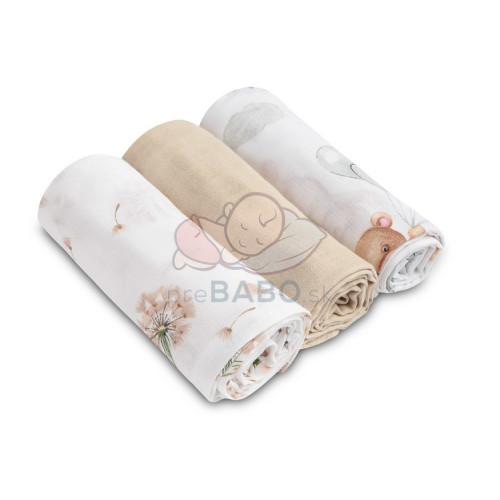 Mušelínové mäkké plienky LUX, 3ks, Bear, biela/béžová
