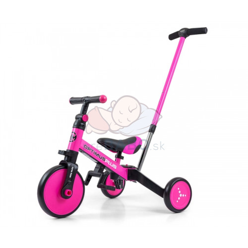 Balančná trojkolka, bicykel, odrážadlo a vodiaca tyč, Optimus Plus 4 v 1, ružová