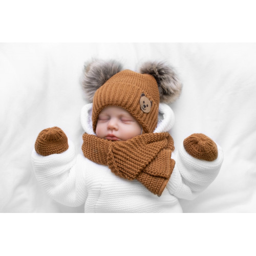 Detská sada, zimná čiapka so šálom + rukavičky 3D, Teddy Bear - hnedá