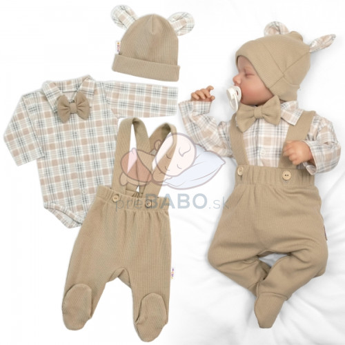Bavlnená súprava Gentleman 3D, body, polodupačky s lacnom, čiapočka, béžová/kocka, 68