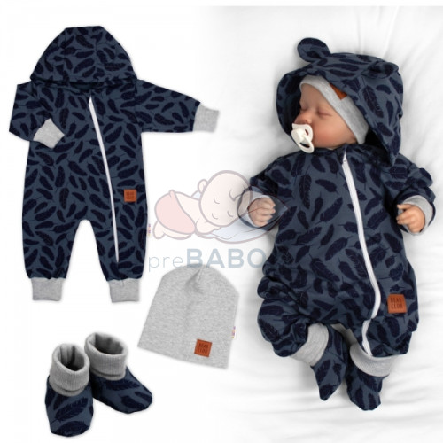 Rastúci teplákový overal pre bábätko, čiapky, topánky, 3D, Nature - jeans pierka, 68/74