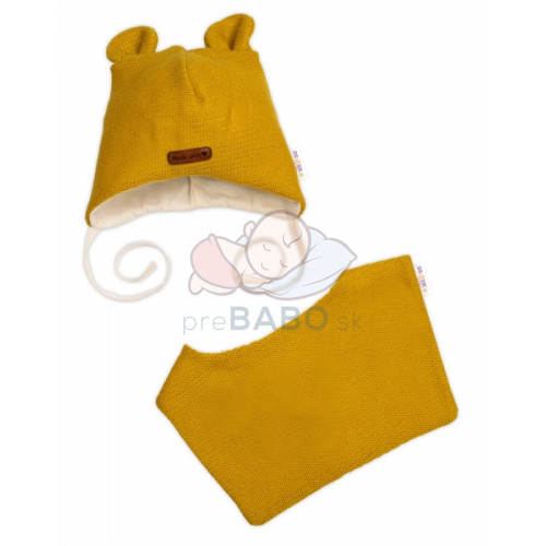 Pletená čepice s bavlněnou podšívkou a šátkem 2v1, Teddy Hand made - hořčicová, 80/86
