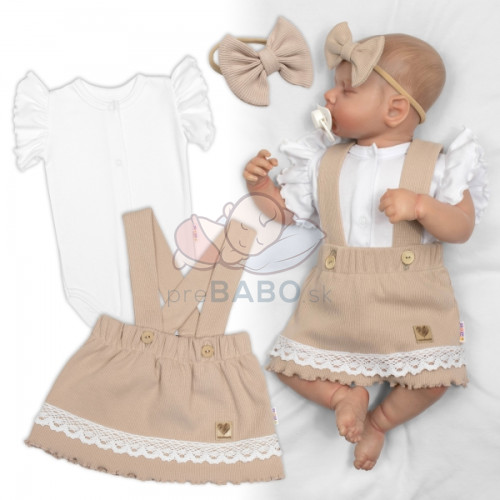 3D súprava LADY, bavlna, body kr. rukáv, suknička s láclom, čelenka, béžová/biela