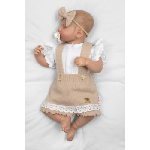 3D súprava LADY, bavlna, body kr. rukáv, suknička s láclom, čelenka, béžová/biela, 68
