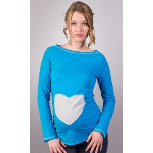 Be MaaMaa Tehotenské tričko / blúzka SRDCE dl. rukáv - modré, XL/XXXL