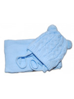 BABY NELLYS Zimná pletená čiapočka s šálom TEDDY - modrá s brmbolcami, vel. 62/68