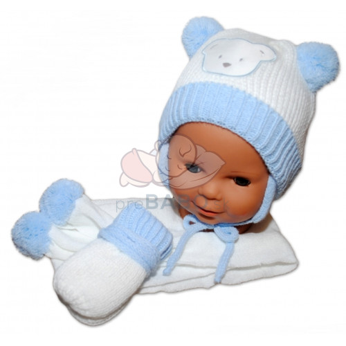 BABY NELLYS  Sada - čiapočka, šál a rukavičky - Macko s bambulkami