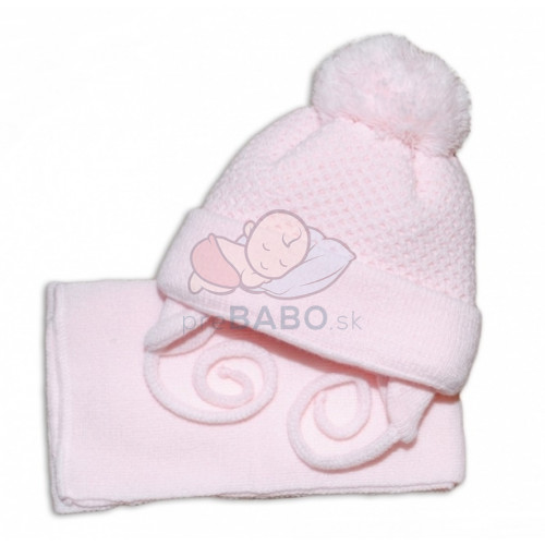 BABY NELLYS Zimná čiapočka so šálom - ružová s veľkou bambuľkou