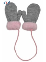 YO! Zimné detské rukavice s kožušinou - šnúrkou YO - sivá/ružová kožušina, 98/104