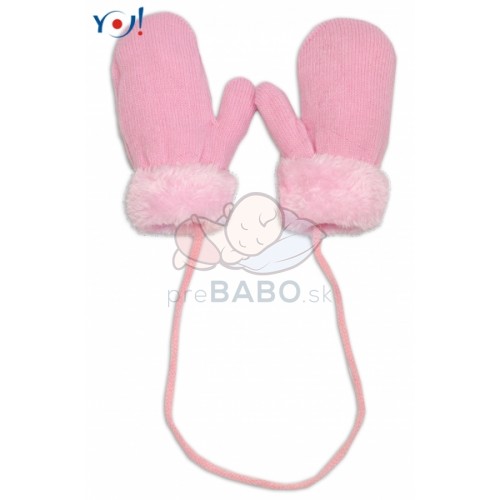 YO! Zimné detské rukavice s kožušinou - šnúrkou YO - sv. ružová/ružová kožušina