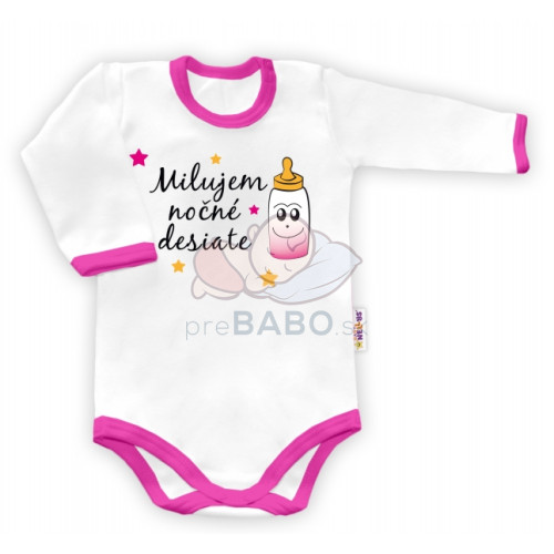 Baby Nellys Body dlouhý rukáv vel. 86,  Milujem nočné desiate - biele/ružový lem