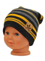 BABY NELLYS Jarná/jesenná prúžkovaná čiapka - grafit/sivá/žltá