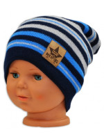 BABY NELLYS Jarná/jesenná prúžkovaná čiapka - granát/sv. modrá/sv. sivá