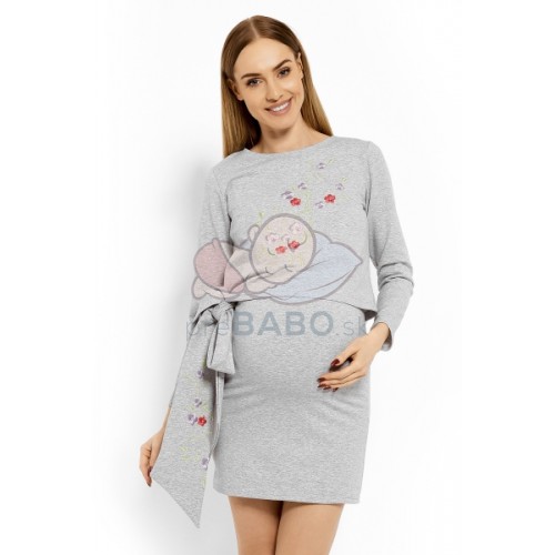 Elegantné tehotenské šaty, tunika s výšivkou a stuhou, L/XL- jasno sivý (dojčiace)