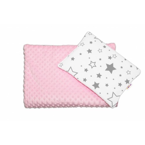 Baby Nellys 2-dielna sada do kočíka s Minky - Sivé hviezdy a hviezdičky / Minky ružová